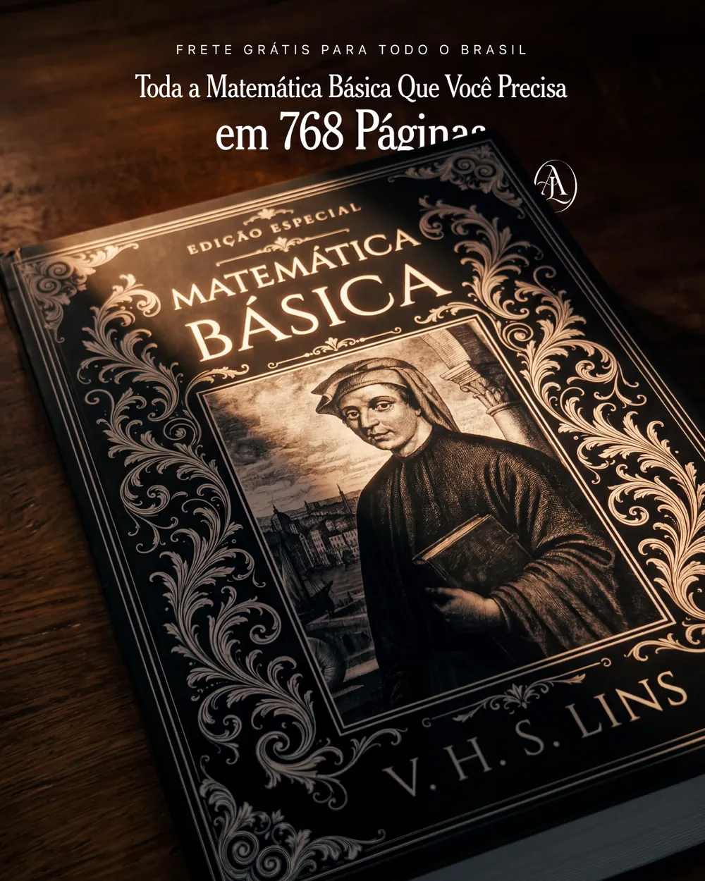 Criativo de anúncio com o livro em perspectiva e chamada tipográfica no topo
