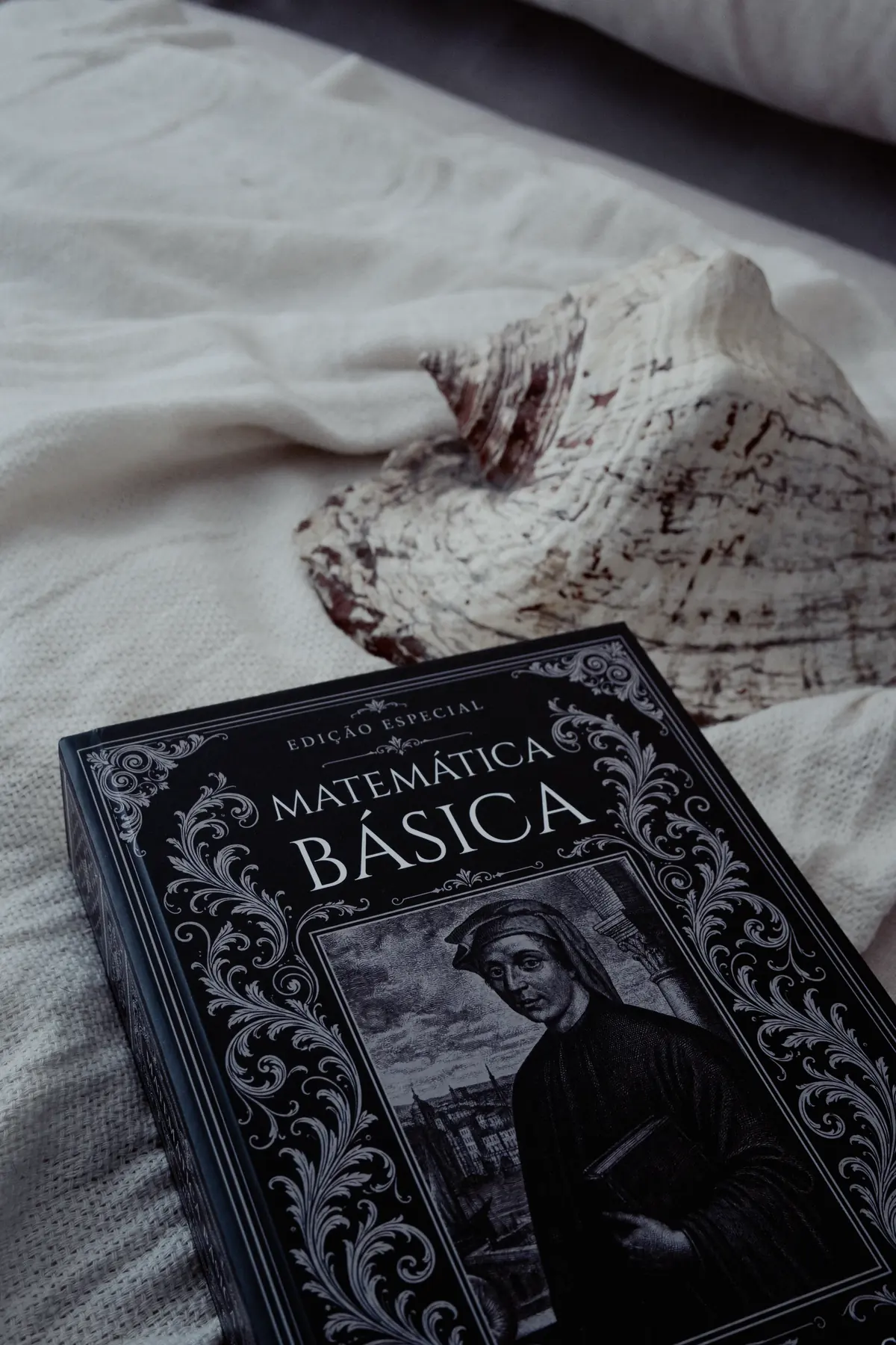 Livro deitado sobre tecido claro ao lado de uma concha, em luz natural difusa