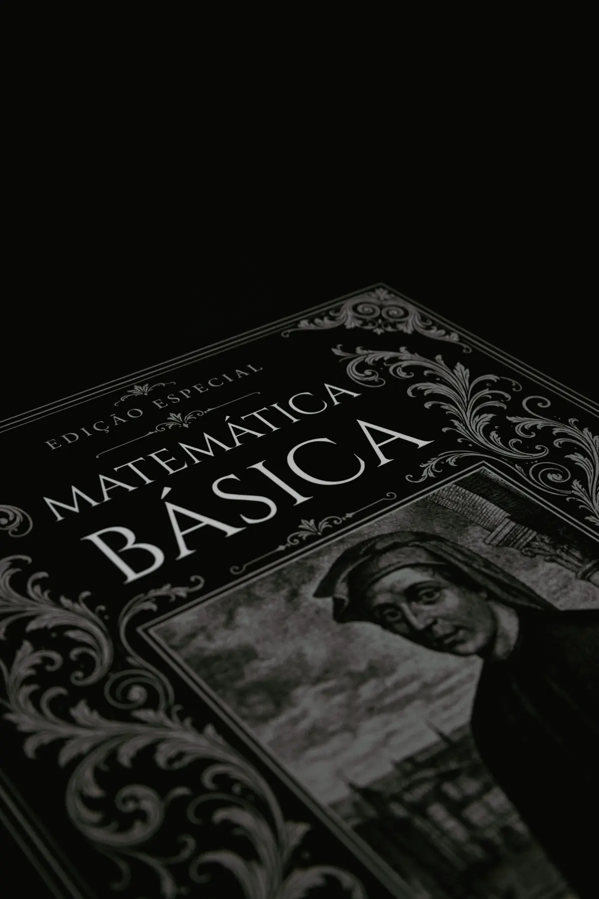 Detalhe em close da capa, mostrando o relevo prateado da moldura ornamental