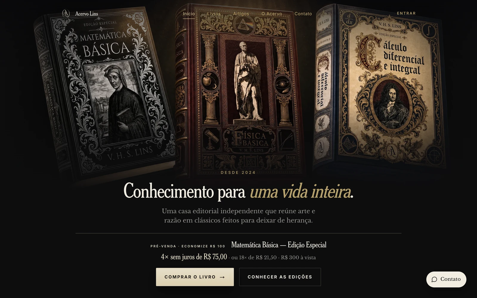 Página inicial do site acervolins.com, com as três capas em edição especial e o botão de compra